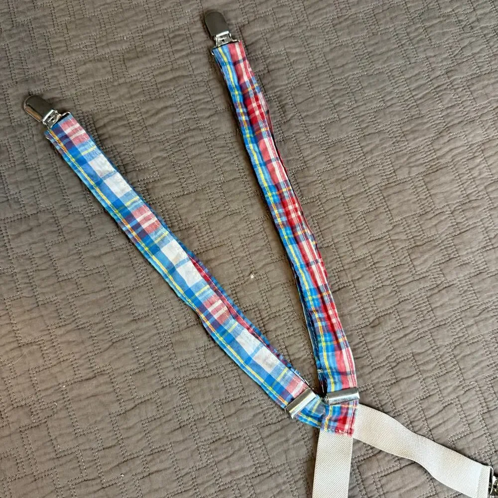 Toddler Boy Suspenders Blue Red Yellow White Plaid Preppy Easter